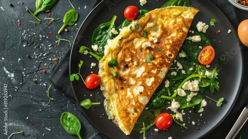 Egg white omelet with spinach, cherry tomatoes and cottage cheese iin a black plate, healthy eating, flat lay photo