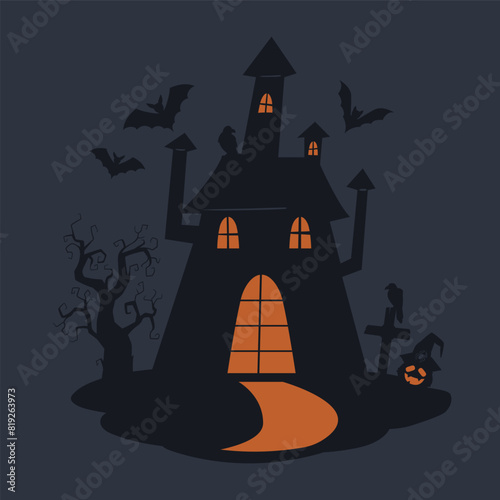 Ghost house silhouette. Halloween haunted house, spooky monsters gloomy house flat vector illustration. Cartoon creepy house with ghosts