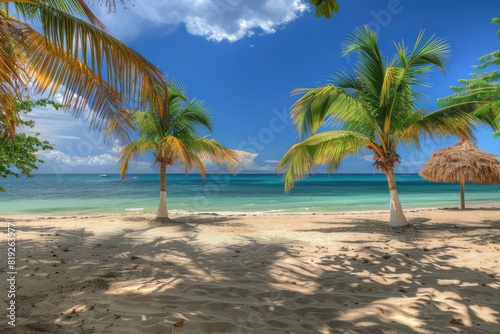 Beach Palms. Tropical Paradise with Exotic Palms and Turquoise Sea in Caribbean Island
