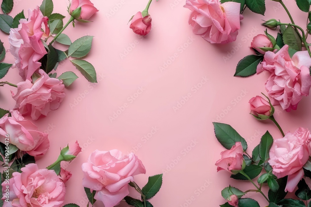 Valentine Birthday. Pink Rose Flower Composition with Blank Frame on Pastel Background