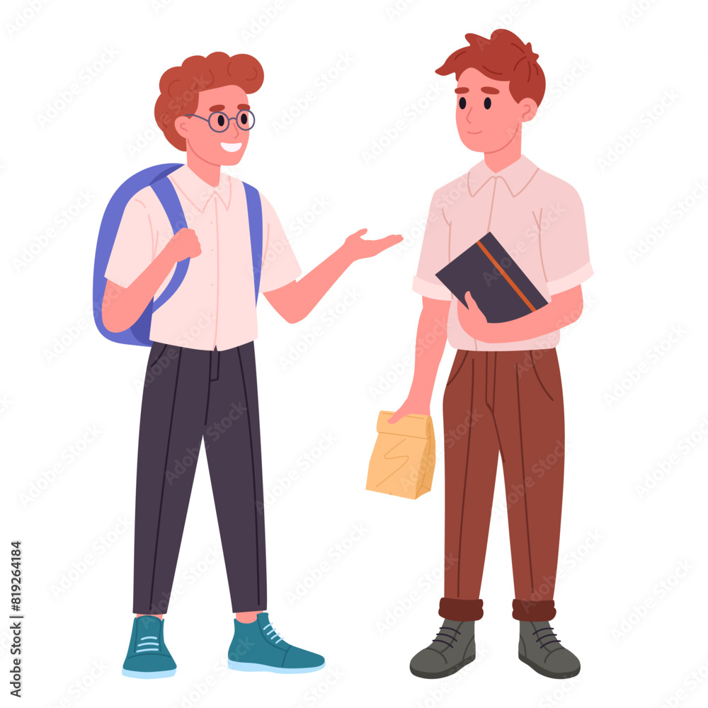 Male school students. Junior high school students with backpacks and books talking to each other flat vector illustration. Middle school pupils Male school students. Junior high school students with backpacks and books talking to each other flat vector illustration. Middle school pupils