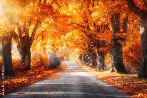 Fall Scenic. Lush Orange and Yellow Foliage along Autumn Alley with Sunlight