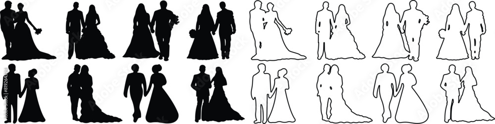 Wedding Married couple Icon in flat, line set. wedding drawn from the characters of the bride and groom of the husband and wife are married. vector for apps or web isolated on transparent background