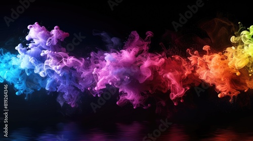 Colorful Ink. Abstract Multicolor Explosion of Paint Clouds on Black Background