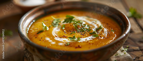 Food photography of a creamy bowl of butternut squash soup garnished with a swirl of cream and fresh herbs, served in a rustic bowl, warm studio lighting