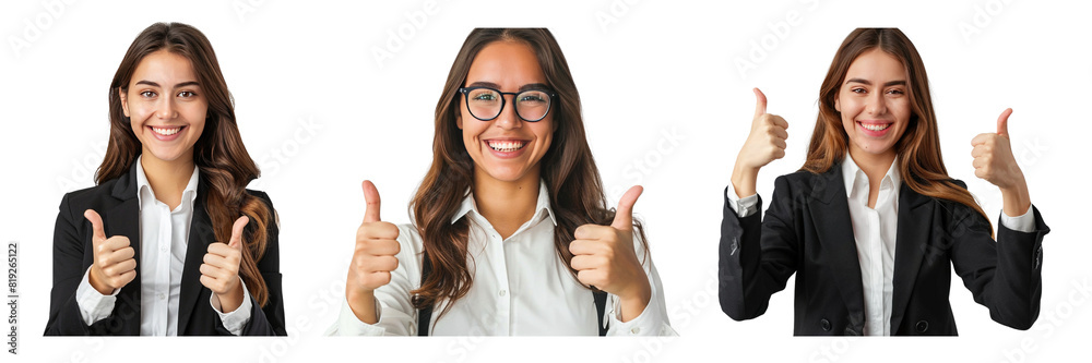 Set of young business woman happy smiling and standing and showing thumbs up, isolated on a transparent background Set of young business woman happy smiling and standing and showing thumbs up, isolated on a transparent background