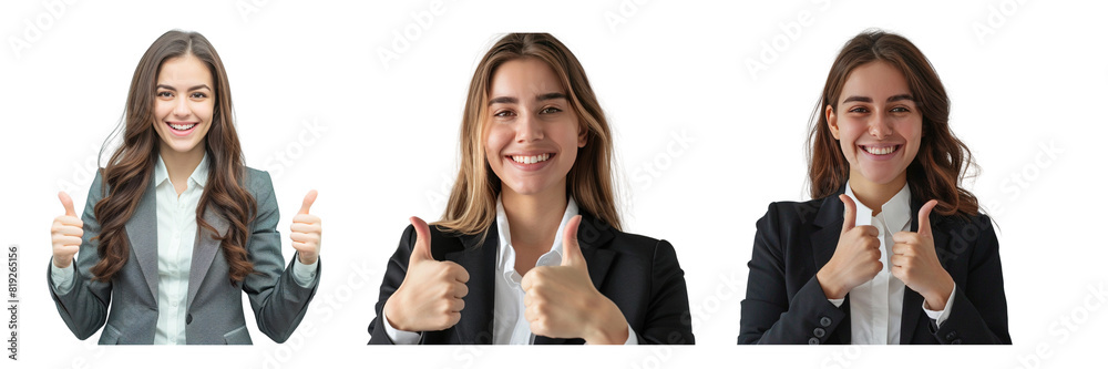 Set of young business woman happy smiling and standing and showing thumbs up, isolated on a transparent background Set of young business woman happy smiling and standing and showing thumbs up, isolated on a transparent background