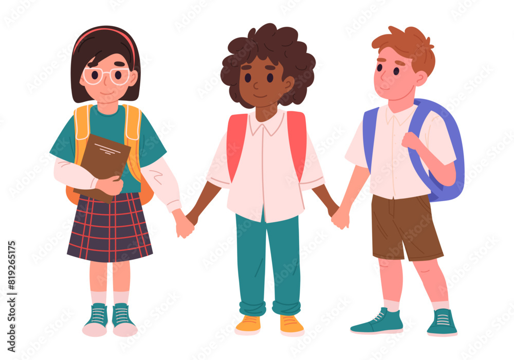 Primary school students. Happy kids going to school holding hands, elementary school students with backpacks and books flat vector illustration. School kids on white