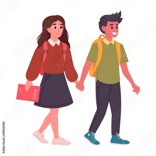 School students couple. Junior high school students with backpacks and books going to school flat vector illustration. School friends couple