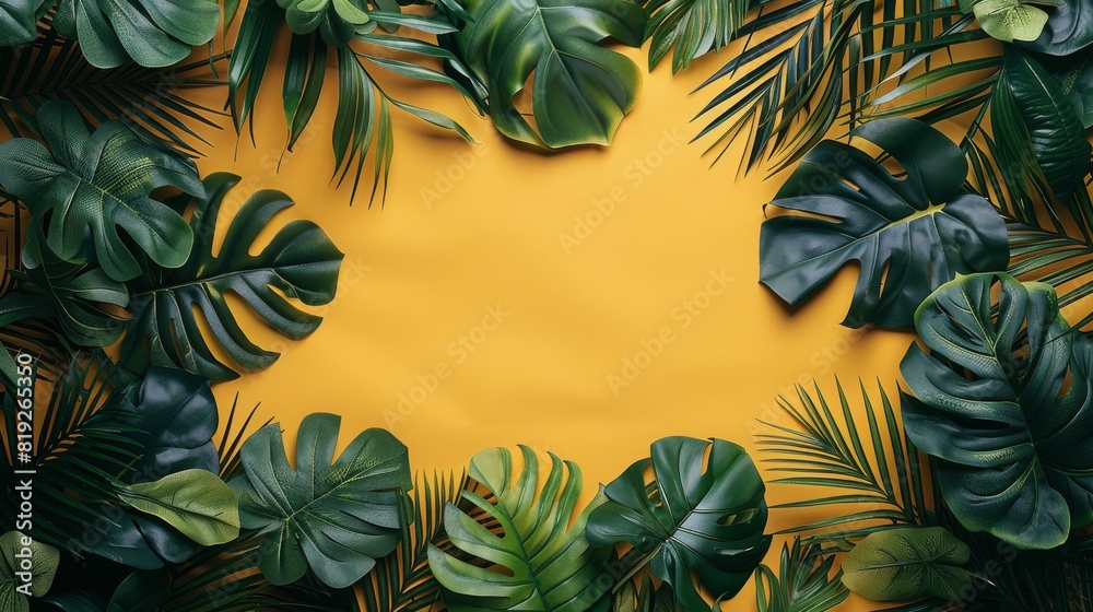 Vibrant green tropical leaves contrast against a bright yellow background Vibrant green tropical leaves contrast against a bright yellow background