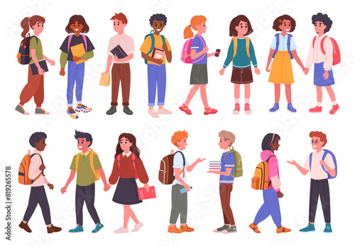 Secondary school students. Happy kids going to school, male and female school pupils with backpacks flat vector illustration set. Middle school students