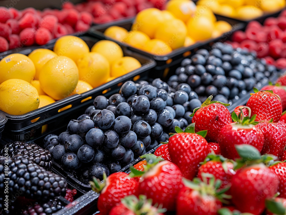 Assorted fresh berries on display in supermarket Assorted fresh berries on display in supermarket