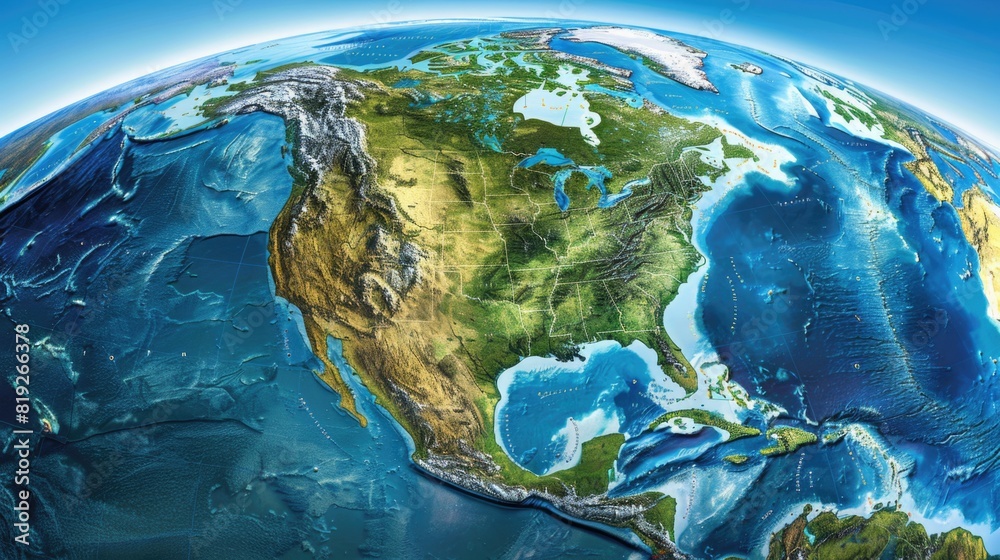 Physical map of North America, USA, Canada and Mexico, with high ...