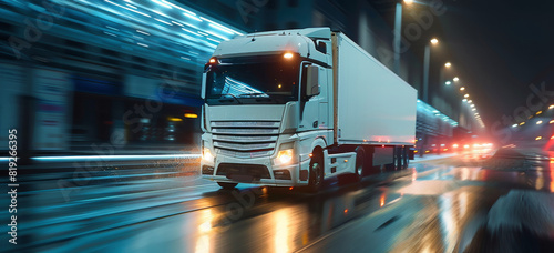Truck Driving Down City Street at Night