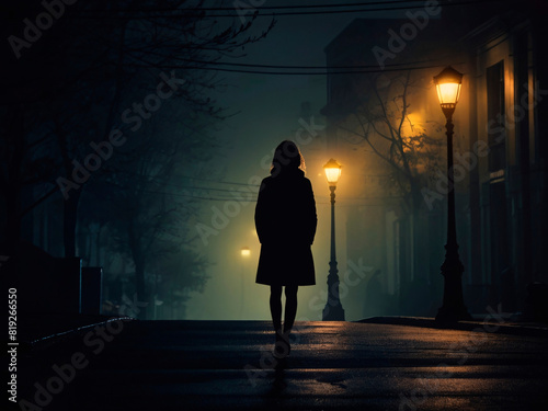Woman walking alone at night  orange light lamp posts  dark city street
