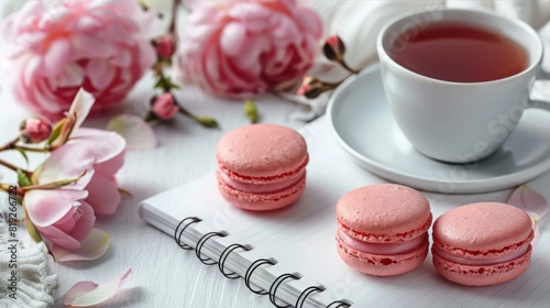 Pink Macarons and a Cup of Tea on a Notebook