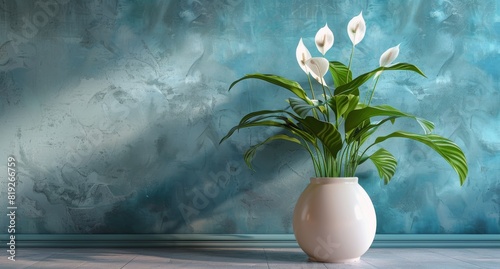 White Lilies in a White Vase on a Blue Wall