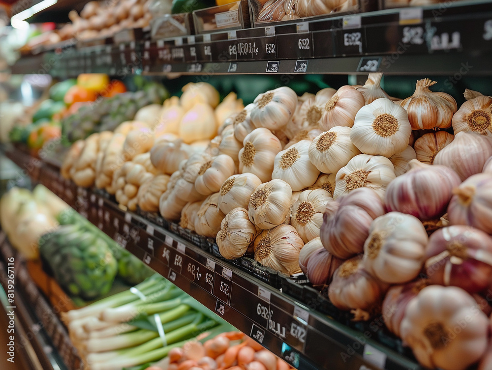 Garlic bulbs on display in a supermarket vegetable aisle