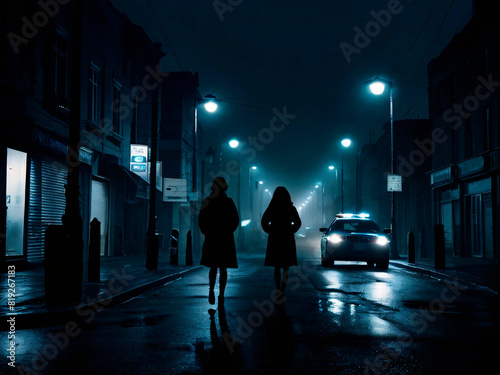 Crime prevention concept, two women silhouettes walking at night, city street illuminated by dim blue lights, one police car