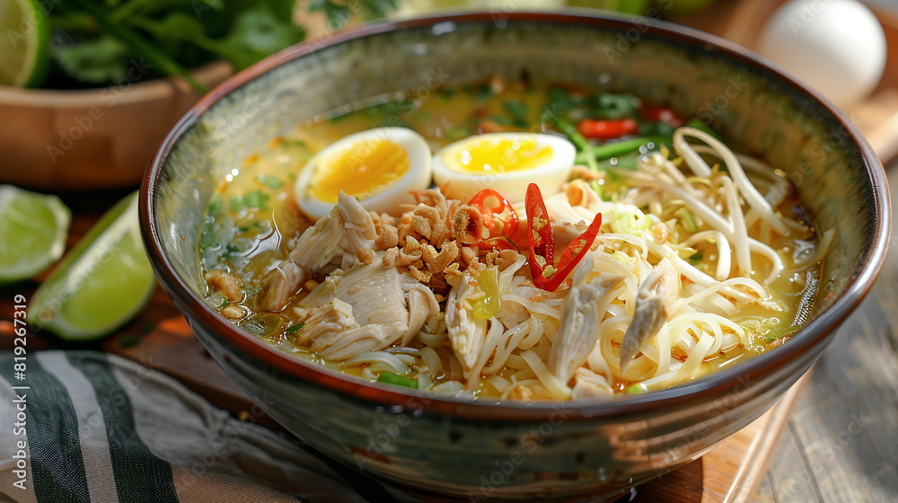 Indonesian soto ayam soup with chicken, rice noodles, and boiled eggs in a bowl. Indonesian soto ayam soup with chicken, rice noodles, and boiled eggs in a bowl.
