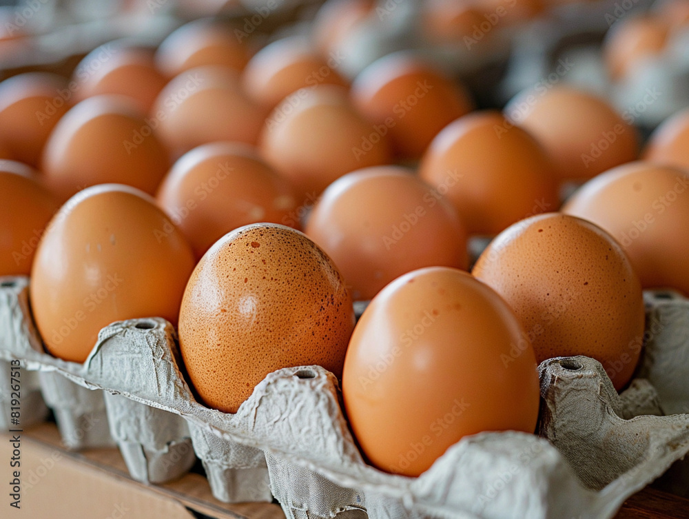 Fresh brown chicken eggs in a wooden crate with straw.