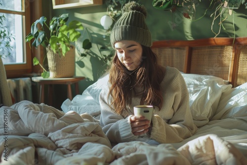 Young Woman Sitting on Bed Using Phone