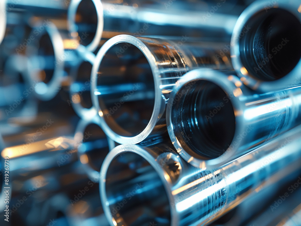 Fototapeta premium Shiny metal pipes in warehouse close-up