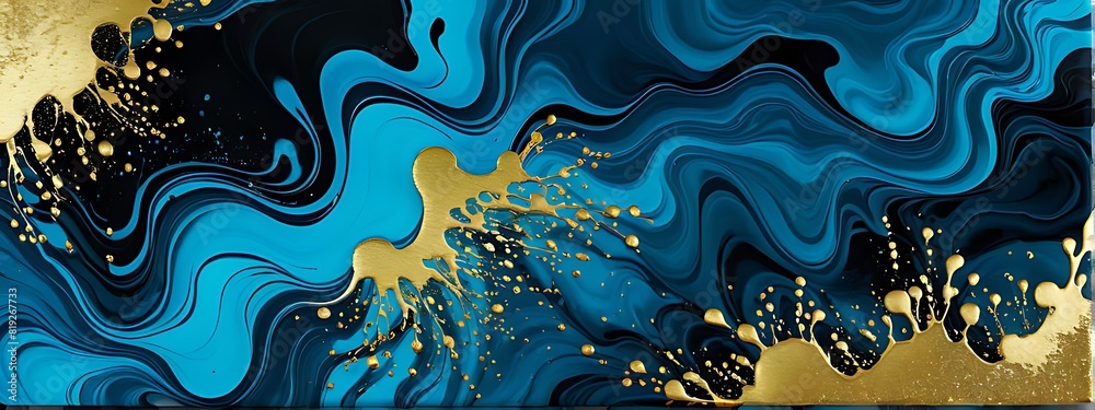 Ink Abstract Gold Paint Background: Watercolor Stone Water, Luxury Liquid Texture Marble. Modern Abstract Ink Pattern with Ocean Glitter, Black Design, Blue Light Brush Over Sea and Sky.
