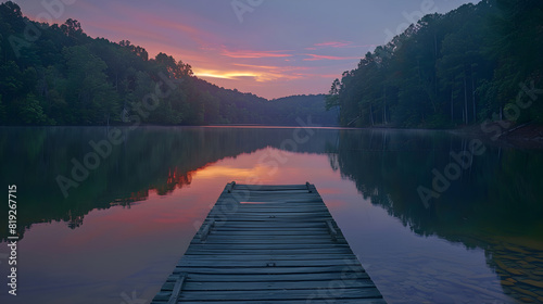 Serenity Reflected: A Tranquil lakeside Pier Amidst a Majestic Sunset