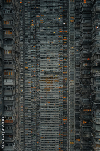 cityscape of chinese apartment building covered in dark grey concrete, orange light spiling out between their tiny panes, evening time, portrait format, photorealistic // ai-generated  photo
