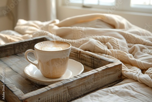 Cozy morning coffee cup on bed, warm light, wooden tray photo