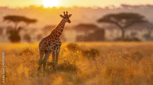 Giraffe Standing in Open Field at Sunset