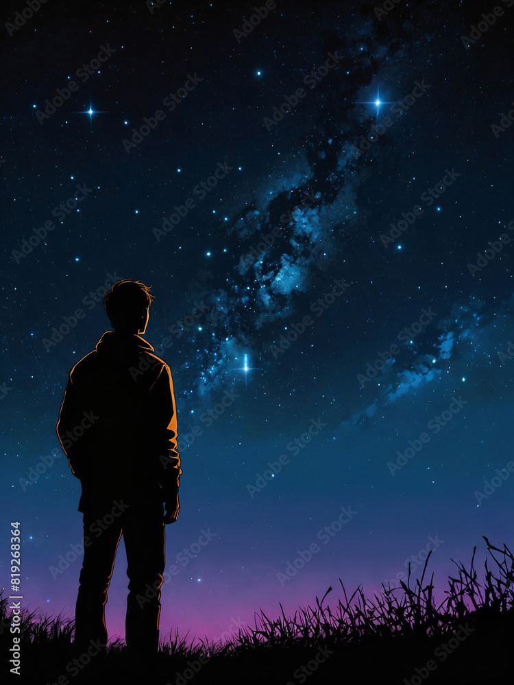 young man gazing at night sky stars comic book style illustration with copyspace