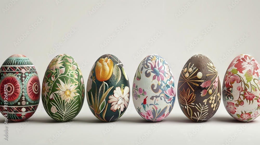 A row of eggs, each with unique colors and patterns, sits atop a white surface An orange flower rests in the center of the row, adding a touch of vibrancy to the A row of eggs, each with unique colors and patterns, sits atop a white surface An orange flower rests in the center of the row, adding a touch of vibrancy to the