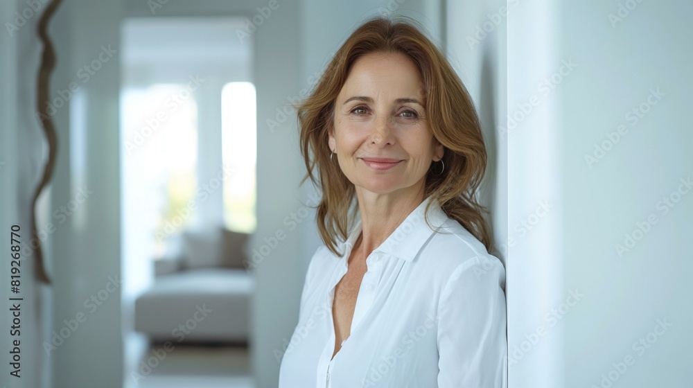 Smiling middle-aged woman standing in a brightly lit modern home, exuding confidence and warmth, dressed in a white blouse. Smiling middle-aged woman standing in a brightly lit modern home, exuding confidence and warmth, dressed in a white blouse.