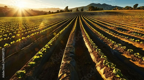  A lush field of lettuce dominates the foreground while a majestic mountain range looms in the background