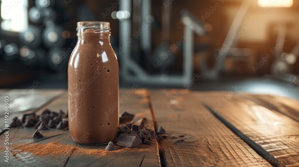 A bottle of chocolate protein shake placed on a rustic wooden table in a gym setting, with chunks of chocolate in the background and blurred workout equipment. A bottle of chocolate protein shake placed on a rustic wooden table in a gym setting, with chunks of chocolate in the background and blurred workout equipment.