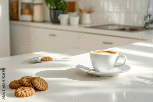 Bright sunny kitchen scene with coffee cup and cookies