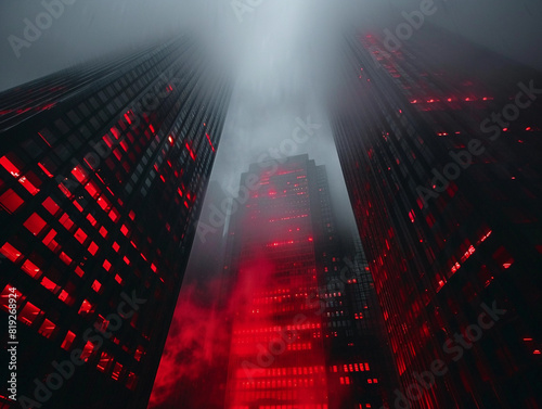 Red-lit Skyscrapers Piercing the Fog