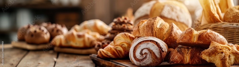 A delicious assortment of freshly baked pastries, including croissants and rolls, displayed on a wooden table in a cozy bakery setting.