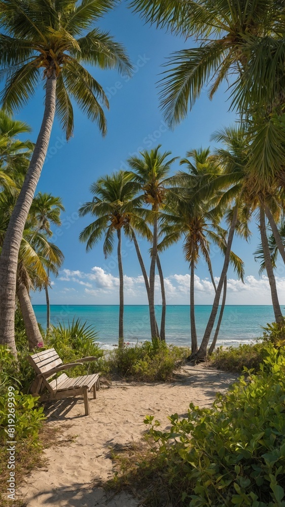 Fototapeta premium Serene beach scene unfolds with wooden bench nestled among tall, swaying palm trees with lush green fronds. This bench faces calm, azure waters that meet clear blue sky at horizon.