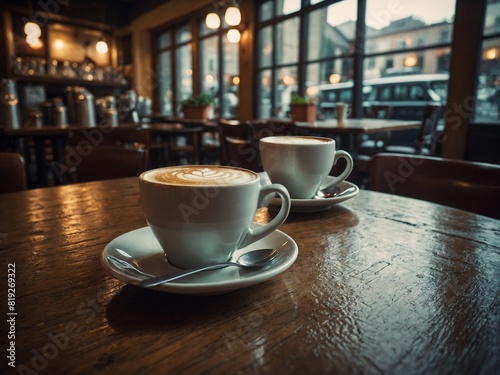 Two cups of coffee  adorned with intricate latte art  rest on rustic wooden table within cozy cafe. Bathed in soft glow of ambient lighting  cafe exudes aura of warmth  comfort.