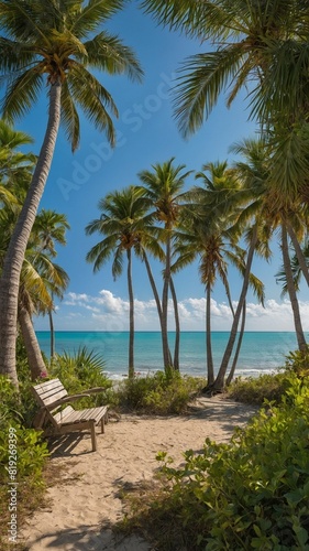 Serene beach scene unfolds with wooden bench nestled among tall  swaying palm trees with lush green fronds. This bench faces calm  azure waters that meet clear blue sky at horizon.