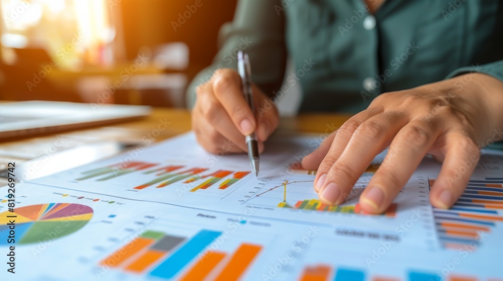 Business professional analyzing financial data with charts and graphs, hand holding pen over documents on office desk. Business professional analyzing financial data with charts and graphs, hand holding pen over documents on office desk.