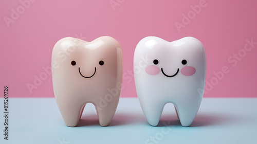Smiling Cartoon Teeth Characters on a Pink and Blue Background