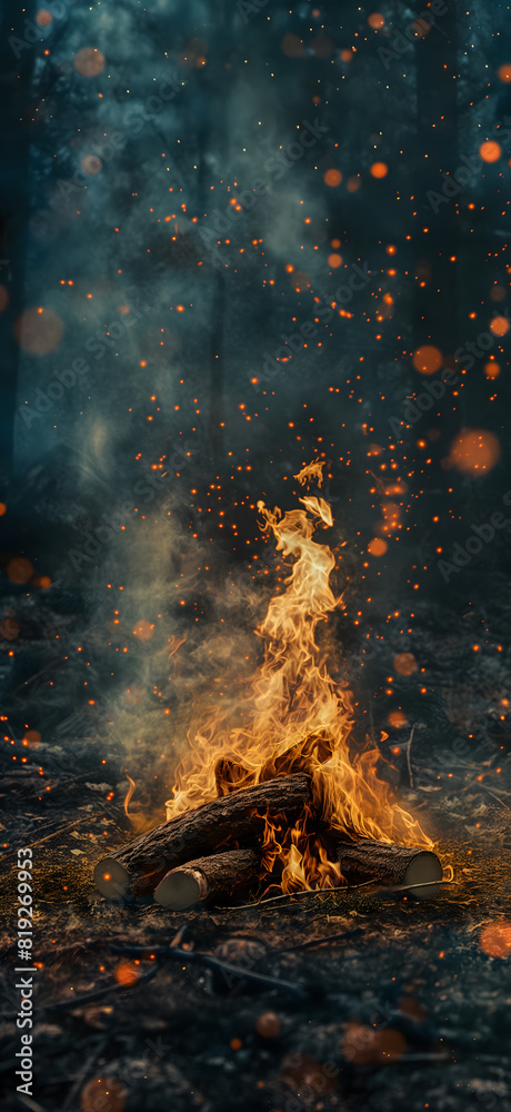 Naklejka premium Mesmerizing Dance of Flames and Sparks in a Nighttime Bonfire
