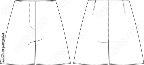 darted wide leg short denim jean template technical drawing flat sketch cad mockup fashion woman design style model
