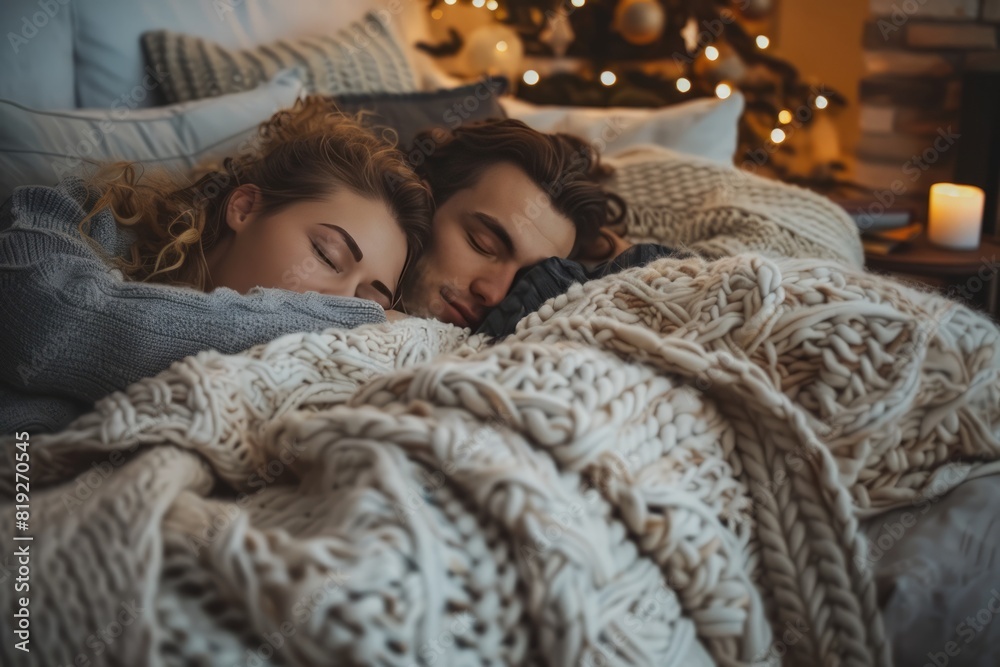 a couple sleeping in the bed on warm blanket. Cold autumn or winter weekend while reading a book a couple sleeping in the bed on warm blanket. Cold autumn or winter weekend while reading a book