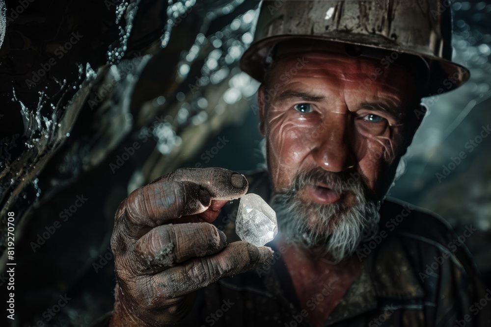Obraz premium llustration of a miner holding a raw diamond 