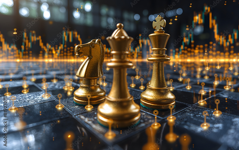 Golden Chess Pieces on Reflective Board with Digital Background Golden Chess Pieces on Reflective Board with Digital Background
